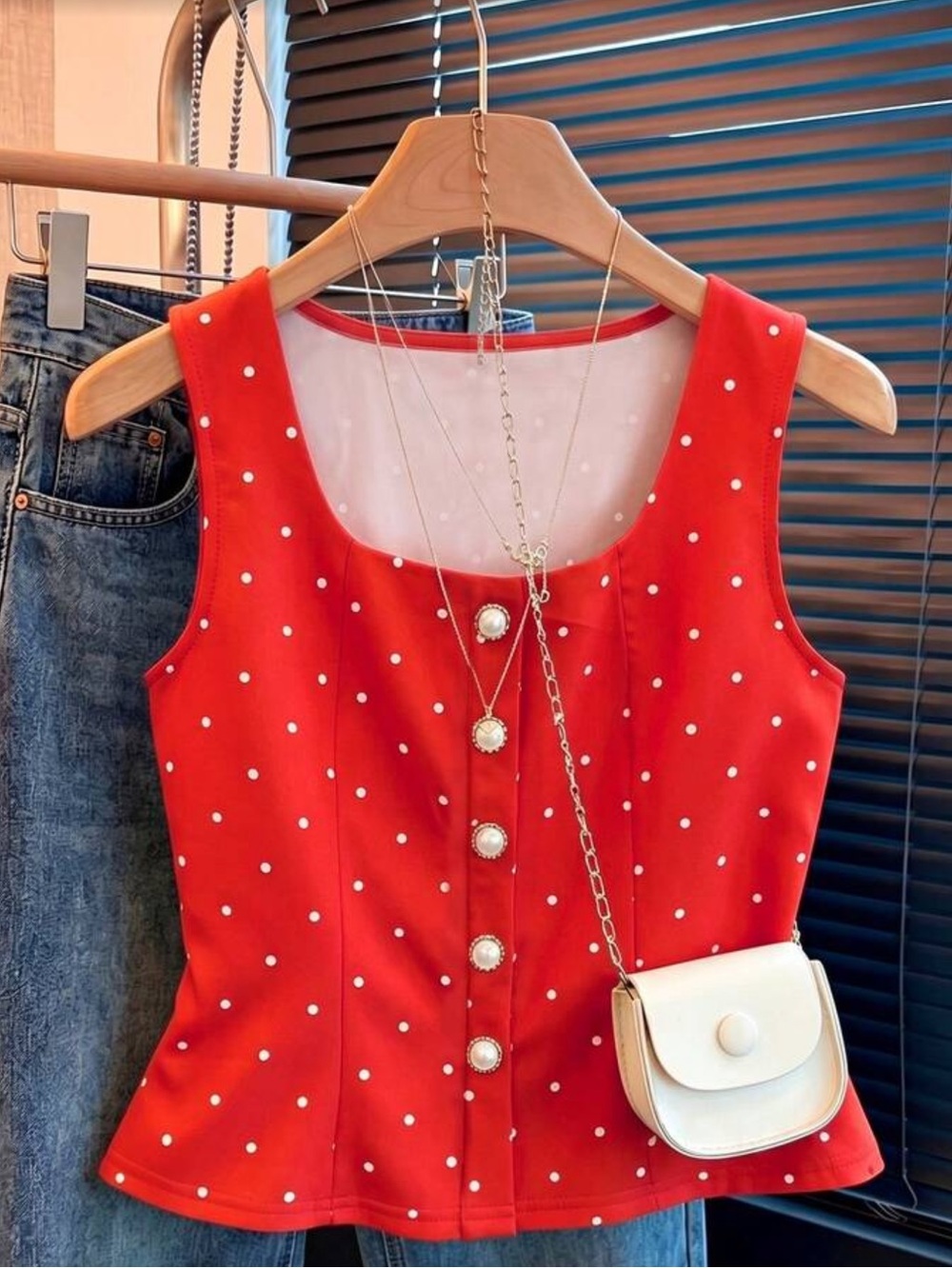 Sleeveless Red Polka Dot Button-Front Top